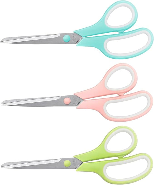 Scissors 8.5 Inch scissors all purpose Bulk Set of 3, Scissors for Office Home School Craft Supplies, Soft Comfort-Grip Right/Left Hand, Viridian, Vivid Green, Pink