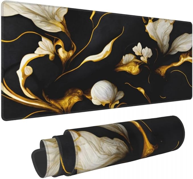 Desk Pad,Office Desk Mat 31.5"×11.8" Large Gaming Mouse Pad,Extended Computer Mouse Pad,Waterproof Thick Big Mouse Pads with Non-Slip Rubber Base Office Home Black Gold Marble Flower