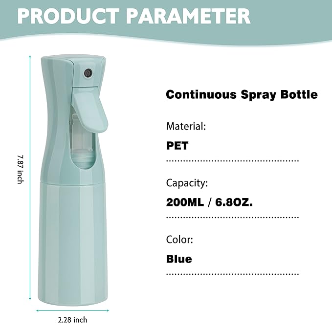 Spray Bottle for Hair (6.8OZ /200ML) Continuous Ultra Fine Mist Sprayer for Hair, Salons, Barber, Plants, Skin Care, Cleaning 1 Pack BLUE