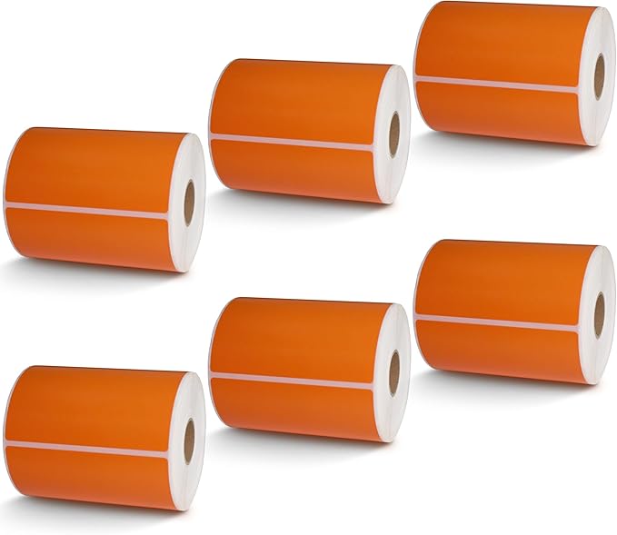 BETCKEY - 4" x 6" Shipping Labels Compatible with Zebra & Rollo Label Printer(not for dymo 4XL),Premium Adhesive & Perforated[Orange, 6 Rolls, 1500 Labels]