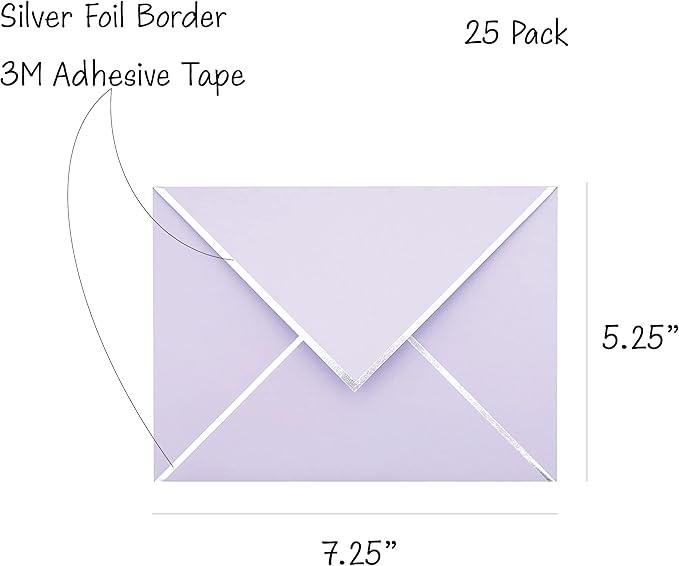 A7 Envelopes - V Flap Foil Border Luxury Mailing Envelopes for 5" x 7" Cards - for Wedding, Invitations, Baby Shower, Photos, Graduation, Birthday, Bridal Shower - 5.25" x 7.25" (Lavendar, 50 Pack)
