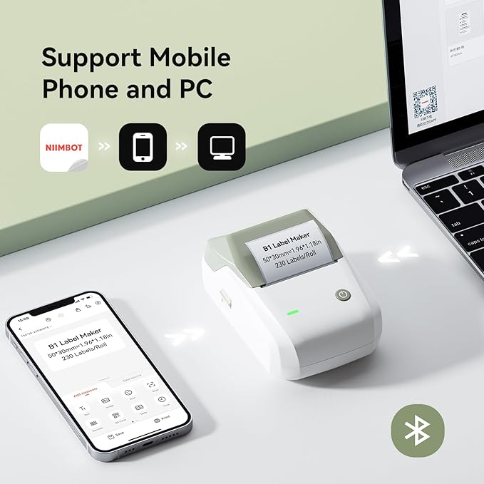 NIIMBOT B1 Label Maker Machine with Tape, 2 Inch Portable Sticker Printer for Home School & Small Business, Compatible with Phones & PC, Green White