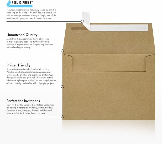 LUXPaper A7 Invitation Envelopes for 5x7 Cards | Peel & Press | 5 1/4" x 7 1/4" | Grocery Bag Brown | 70lb. Text | 50 Qty.