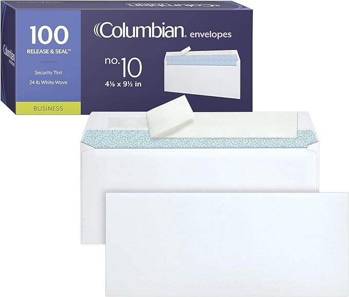 Columbian #10 Self-Seal Security Envelopes, Security Tint and Pattern, Redi-Strip Self-Seal Closure, 24-lb White Wove, 4-1/8" x 9-1/2", 100/Box (1016911)