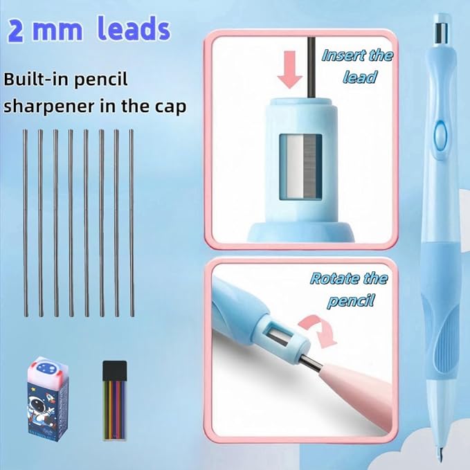 Handwriting thick mechanical pencils with grip: 2.0MM HB Pencil for kids with 14 leads (6 pack)