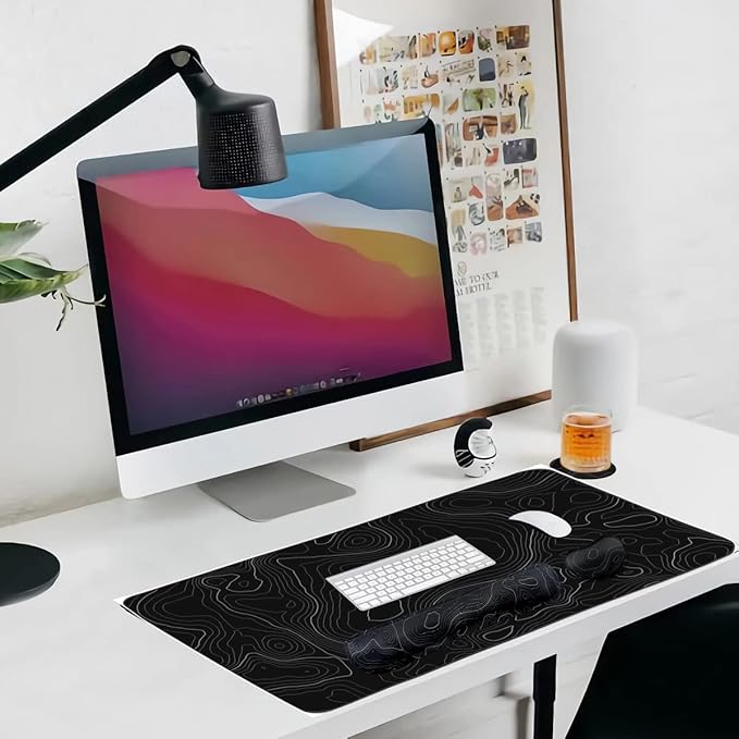 Topographic Large Mouse Pad and Keyboard Wrist Rest, Desk Pad for Keyboard and Mouse, 4-in-1 Large Gaming Mouse Pad with Wrist Support, Non-Slip Desk Mat for Home Office Study Game-Topographic Contour