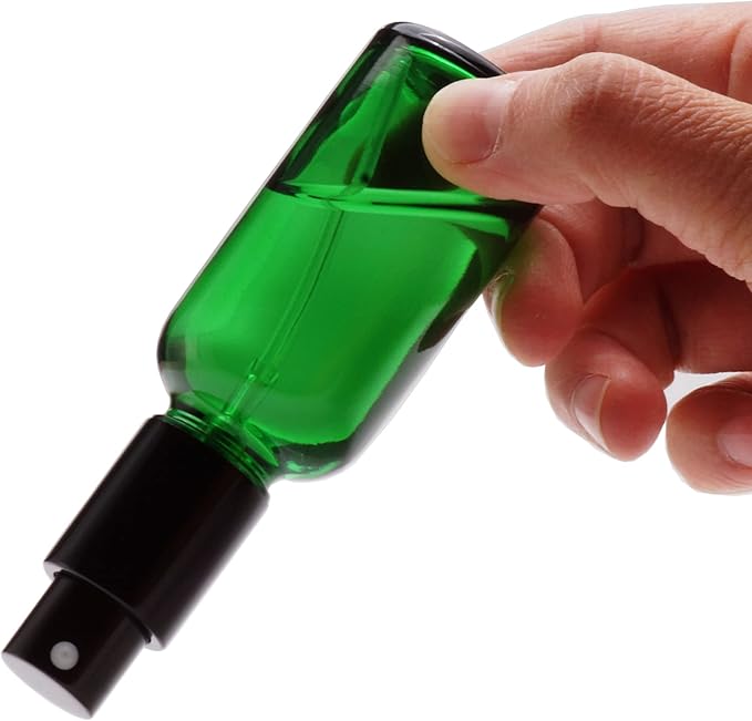 YIZHAO Green Glass Spray Bottles 2oz, with Small Fine Mist Spray, Metal Cap, Refillable for Essential Oil,Travel,Cleaning,Perfume,Aromatherapy,Makeup – 12 Pcs