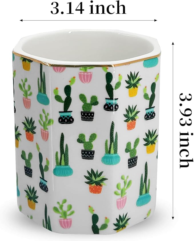 Pen Holder, Makeup Brush Holder Ceramic Shiny Gold Tropical Cactus Green Succulents Pattern Pencil Cup for Girls Kids Women Durable Stand Desk Organizer Storage Gift for Office, Classroom, Home
