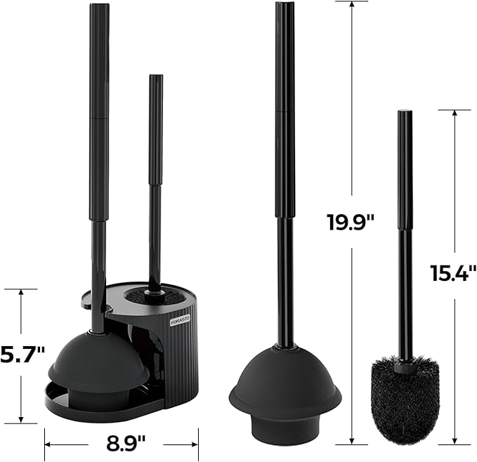 2Pack 2 in 1 Toilet Brush and Plunger Set, Extended Handle Plunger,Toilet Bowl Brush Plunger Set,Bathroom Cleaning Tools,Toilet Brush Plunger Combo,Cleaning Supplies，Bright Black(19.9inch)