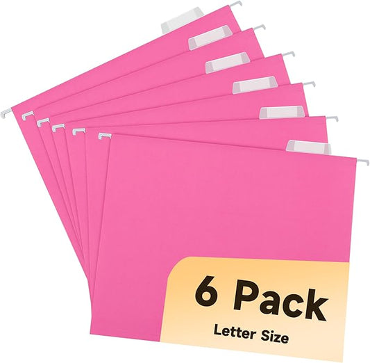 6 Pack Pink Hanging File Folders with Pocket,Letter Size Decorative File Folder Cute Pretty Hanging Folder for Office Home School with 1/5-Cut Adjustable Tabs