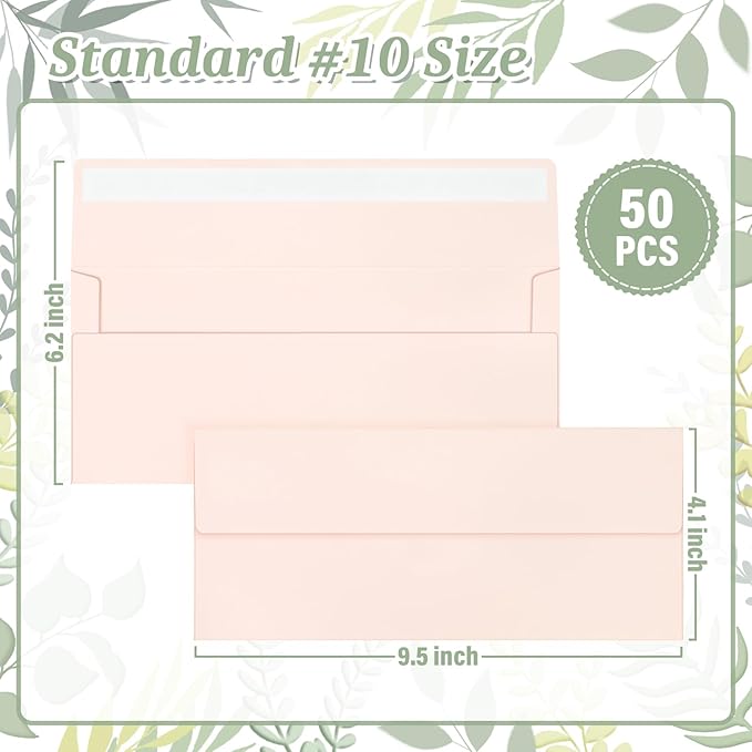 50 Pcs Light Pink #10 Business Envelopes, Self Seal Standard Envelopes, Windowless Business Mailing Envelopes for Office, Checks, Letters, Invoices, Statements, Wedding, 4-1/8 x 9-1/2 inch
