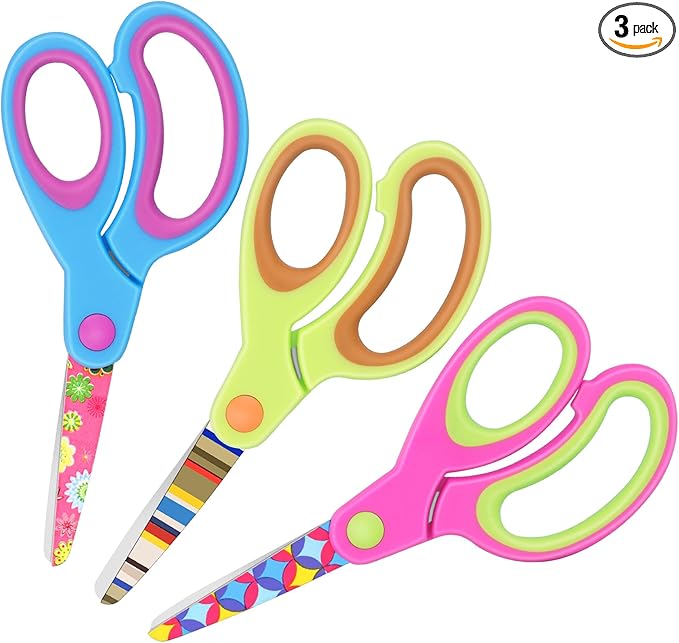 Patterned kids Scissors, Blunt Safety Children's Handmade Scissors, Stainless Steel Blades, Soft Grips, Pink, Blue, Fruit Green 3 Piece Set