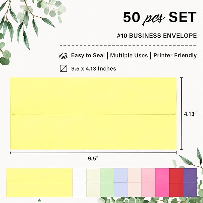50 Pack #10 Colored Envelopes Letter Size, Colorful Business Envelopes Self Seal for Business, Invoices, Letter Mailing, Office Checks, 4 1/8 x 9 1/2 Inches