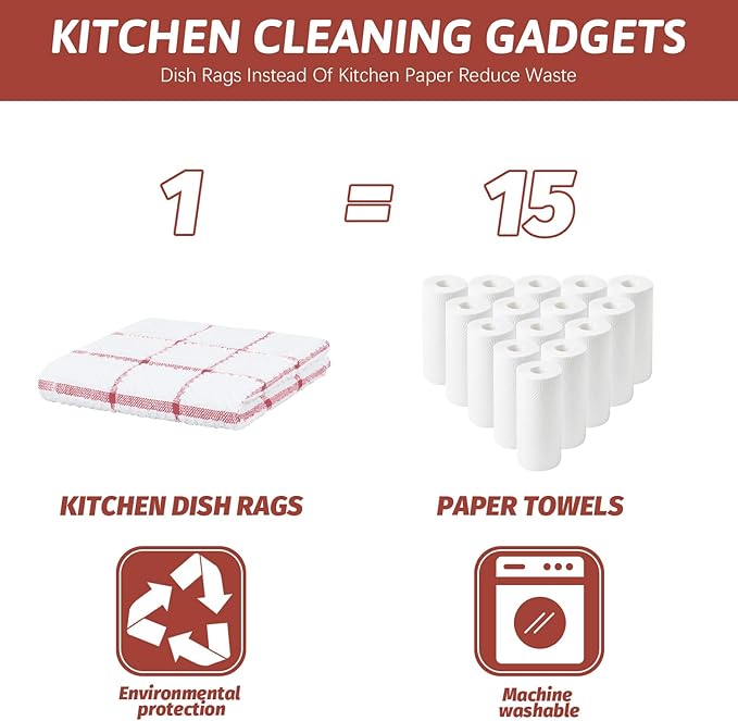 Nialnant 8 Pack Dish Cloths for Washing Dishes, 100% Cotton Reusable Cleaning Rag, Quick Drying Dish Towels for Kitchen, 12x12 Inches, Red Plaid