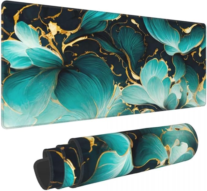Desk Pad,Office Desk Mat 31.5"×11.8" Large Gaming Mouse Pad,Extended Computer Mouse Pad,Waterproof Thick Big Mouse Pads with Non-Slip Rubber Base Office Home Blue Gold Marble Flower