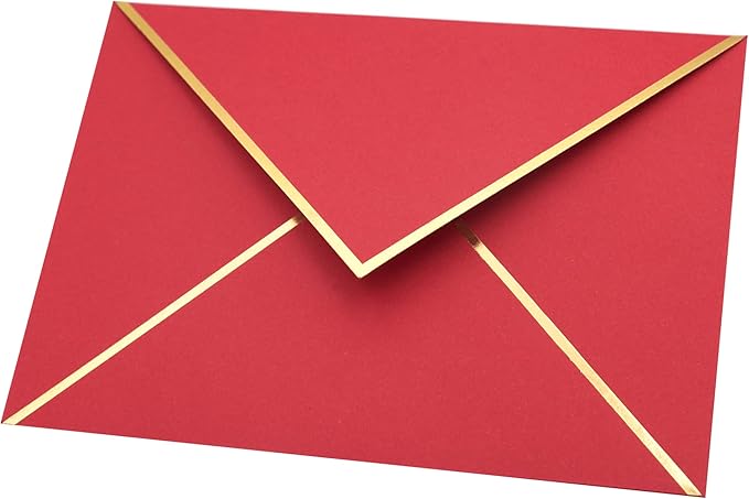 A7 Envelopes - V Flap Foil Border Luxury Mailing Envelopes for 5" x 7" Cards - for Wedding, Invitations, Baby Shower, Photos, Graduation, Birthday, Bridal Shower - 5.25" x 7.25" (Red, 25 Pack)