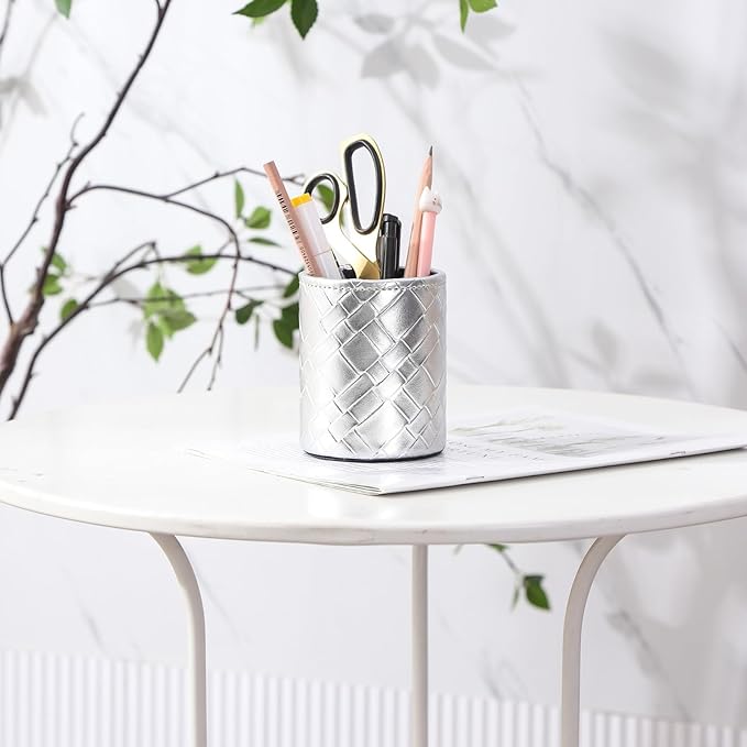 Pen Holder for Desk Cute, PU Leather Pen Stand for Cosmetics Office Organization, Makeup Brush Cup Silver Grid PH112