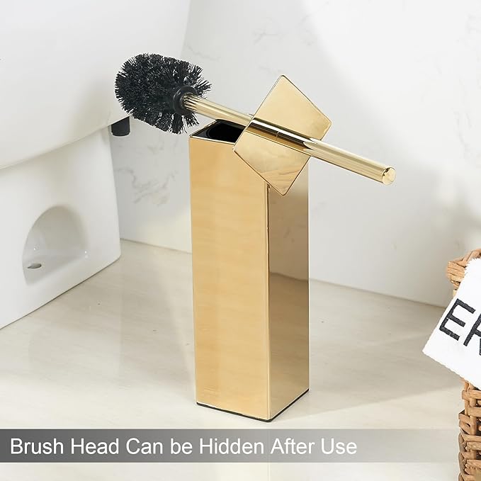 Kelirol Gold Square Stainless Steel Toilet Brush with Holder, 304 Modern Toilet Brush Set – Rust Resistant, Long Handle, Replacement Heads, Floor Standing Bathroom Toilet Cleaning Brush