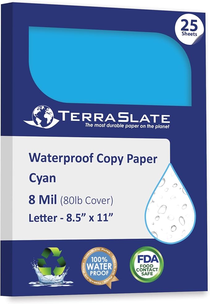 TerraSlate Waterproof Paper, Rip-Proof Colored Paper, Cyan Blue, 25 Sheets, 8 Mil (80lb Cover), 8.5" x 11", Laser Printer and Copy Machine Compatible