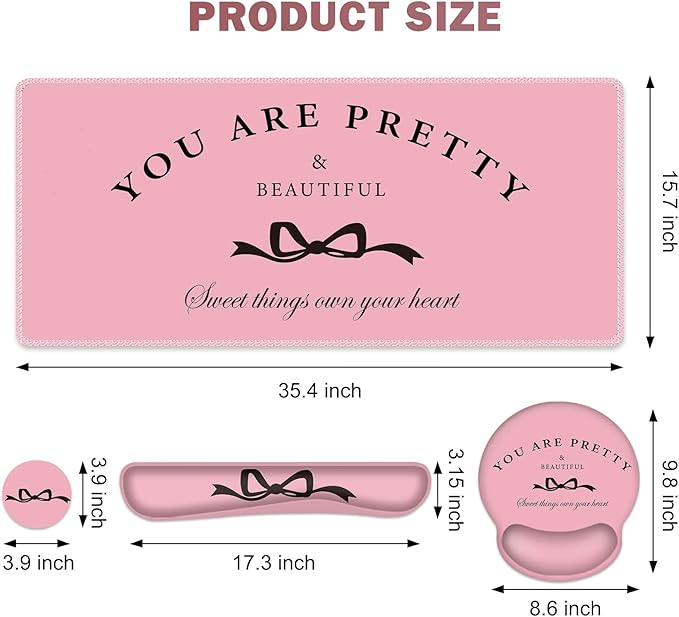 Gaming Mouse Pad, Large Desk Mat, Cute Desk Pad Protector, 4in1 XXL Mousepad + Keyboard Wrist Rest+Mouse Wrist Rest+Coaster Set with Ergonomic Desk Pad for Home Office Table Computer, Pink Pretty Bow