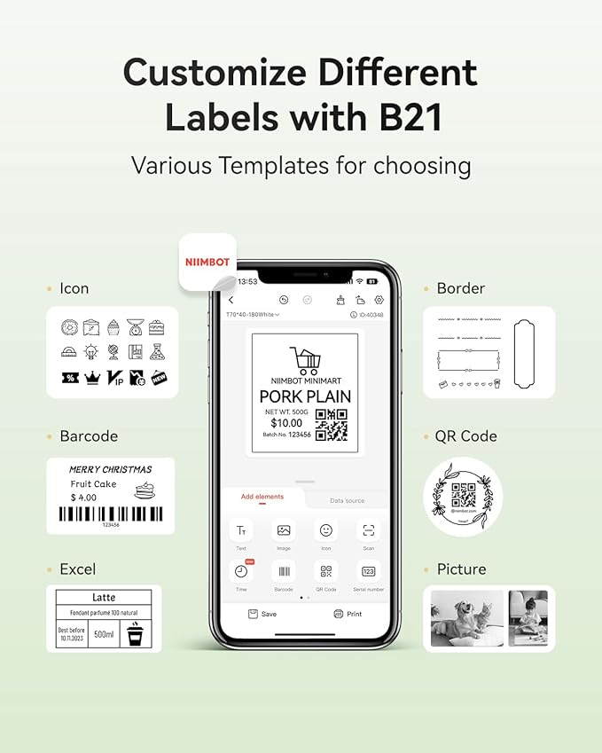 NIIMBOT B21 Label Maker, 2 Inch Portable Thermal Label Printer, Label Maker Machine with Tape, Compatible with Android, iOS & PC,Labeling for Home Storage Office and Small Business,Green
