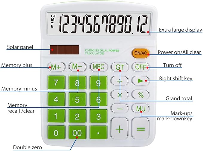 Meichoon Calculator Large Display Desktop Solar Battery Dual Power 12 Digit Financial Dedicated Standard Function Business Calculator Multifunctional KA08 Blue