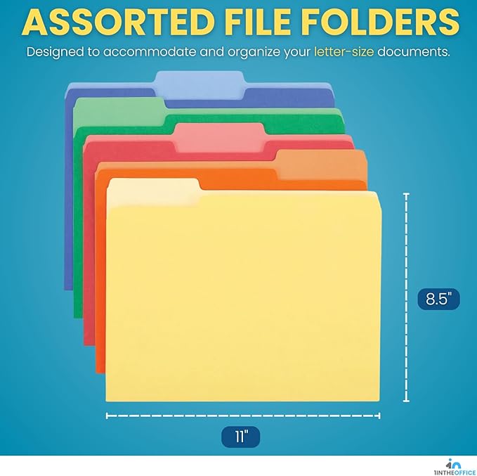 1InTheOffice Colored File Folders, Top-Tab File Folders, 3 Tab, 5 Assorted Colors, Letter Size, 100/Pack