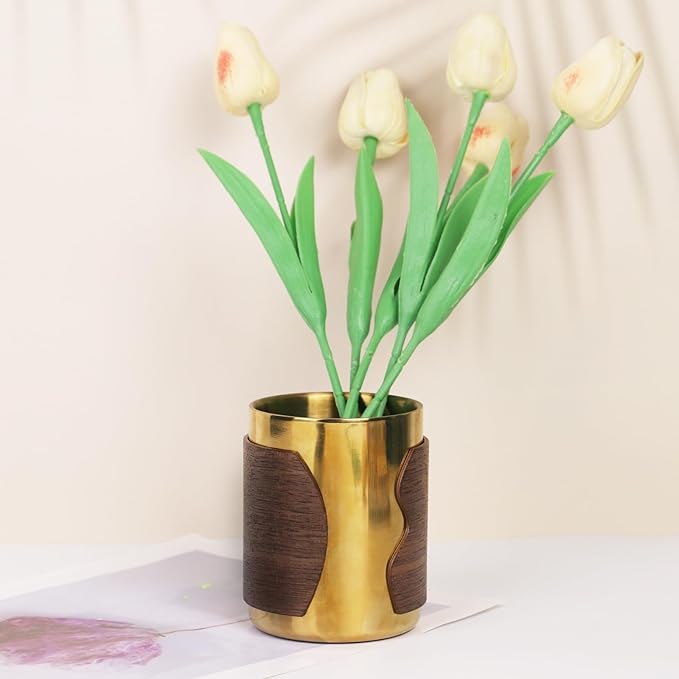 MultiBey Gold Pencil Holder Cup, Luxury Walnut Pen Holder Metal Organizer Small Vase, Offices Stationery Makeup Brushes Holder Decoration Desk Accessory for Office Home