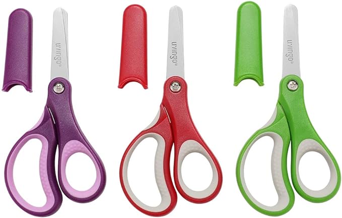 LIVINGO 5" Left and Right Handed Kids Scissors, Safety Blunt Sharp Stainless Steel Blade Scissors for Children School Teacher Use Crafting Cutting Paper, 3 Pack Assorted Colors