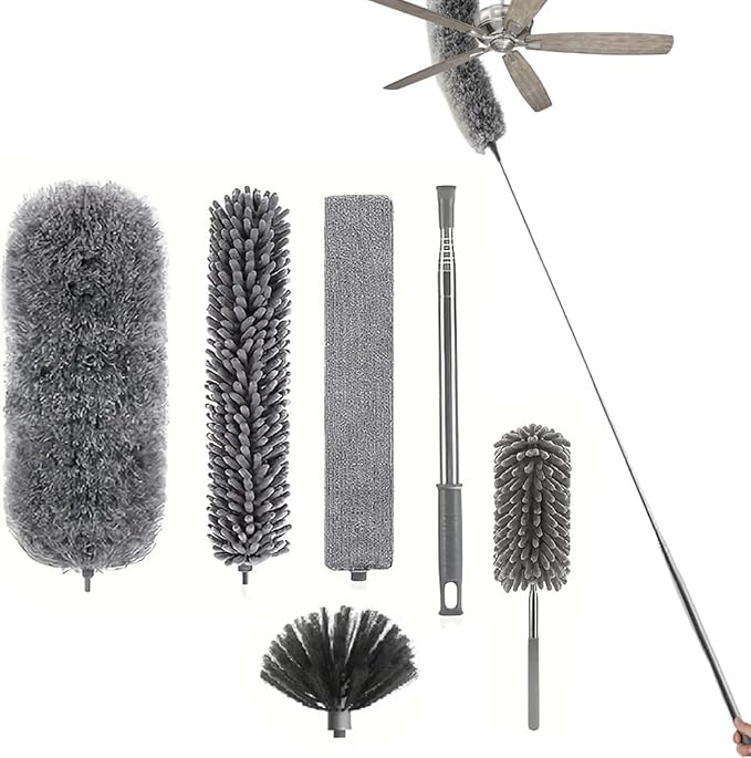 Microfiber Feather Duster Kit with 100” Extension Pole 6 PCS Reusable Bendable Washable Dusters for Cleaning Machine Washable Ceiling Fan Cleaner Duster for Cleaning Cobweb, Furniture, Blinds，Ceiling