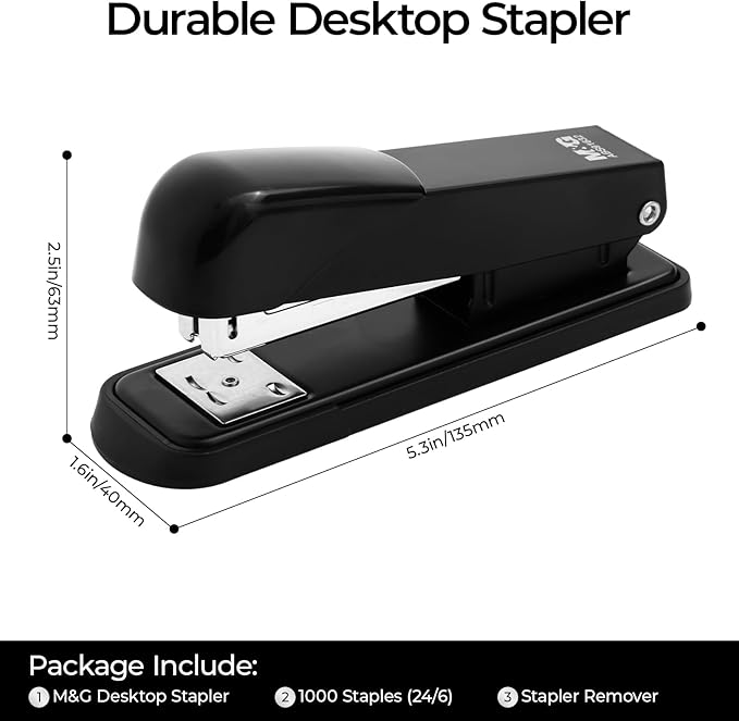 M&G Desktop Stapler Office Stapler with 1000 Staples and Remover, 25 Sheet Capacity, Metal Staplers for Desk, Two Binding Modes, Black