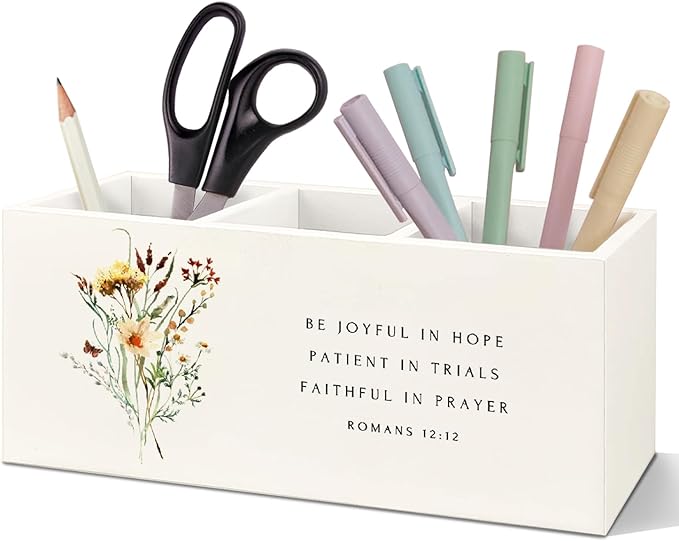 SNNDER Floral Christian Pen Holder for Desk, Christian Religious Gifts for Women, Romans 12:12 Bible Verses Wooden Pen Pencil Holder Organizer for Home Office Desk Accessories