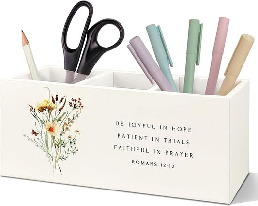 SNNDER Floral Christian Pen Holder for Desk, Christian Religious Gifts for Women, Romans 12:12 Bible Verses Wooden Pen Pencil Holder Organizer for Home Office Desk Accessories