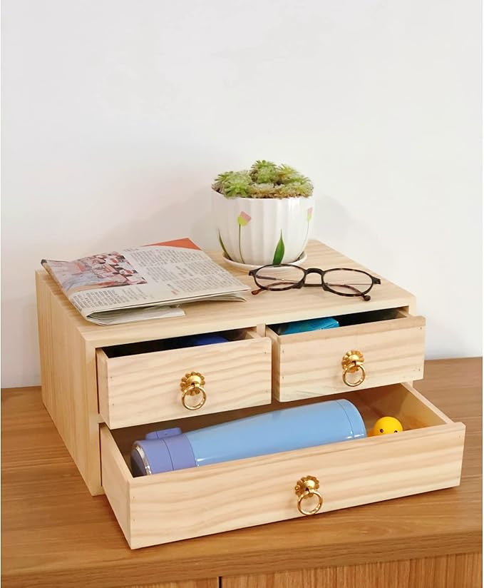 2 Layer Desk Organizer Wooden Desktop Organizer Tabletop Storage Organization Box Natural Wood Counter Drawer with Metal Handle 3 Drawer for Desk Accessories Home Office Counter Craft Decor