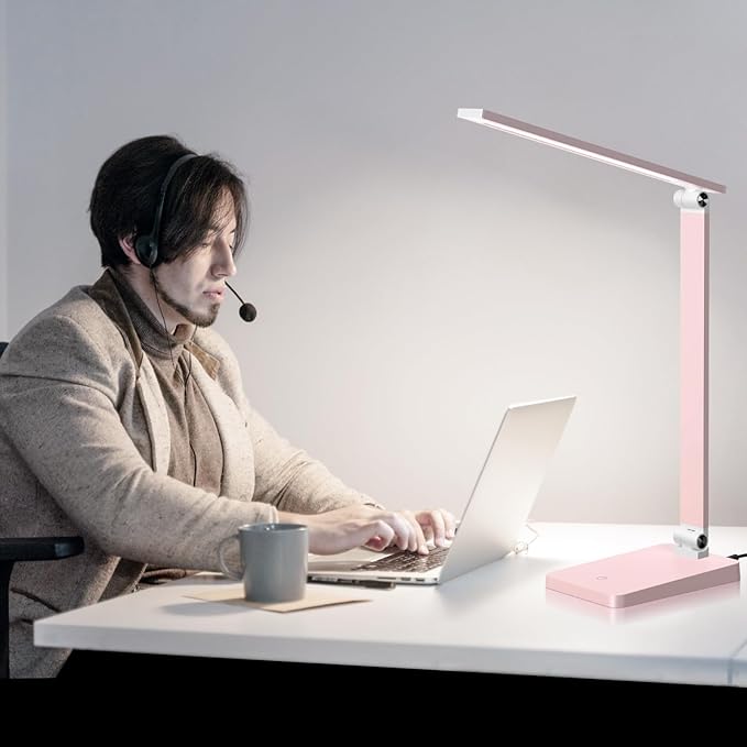 LED Desk Lamp for Home Office, 3 Levels Dimmable Reading Desk Light with USB Charging Port, Desk Accessories Touch Control Table Lamp, Eye-Caring Small Study Lamp for College Dorm Room, Pink, 5000K