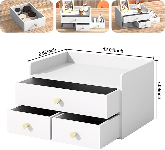 Bamboo Desk Organizer with Drawers Wooden Desktop Storage Organization Box for Bills Office Supplies Kitchen Utensils Organizing Tool for Home Classroom Vanity, No Assembly Required (3 Drawers, White)