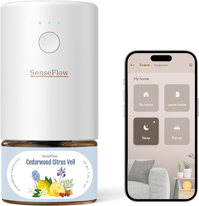 SF101S Smart Wi-Fi Waterless Ultrasonic Essential Oil Diffuser–100% Plant-Based,120-Day Natural Air Freshener & Aromatherapy scent Diffuser Covers 100㎡ for Home,Hotel-Cedarwood Citrus Veil