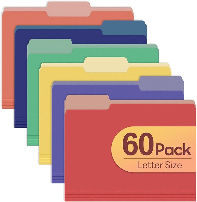 Piasoenc Color File Folders Set of 60, 1/3 Cut Tab, Letter Size Folder for 8.5 x 11 Documents Files, Assorted 6 Colors Filing for Office School Business