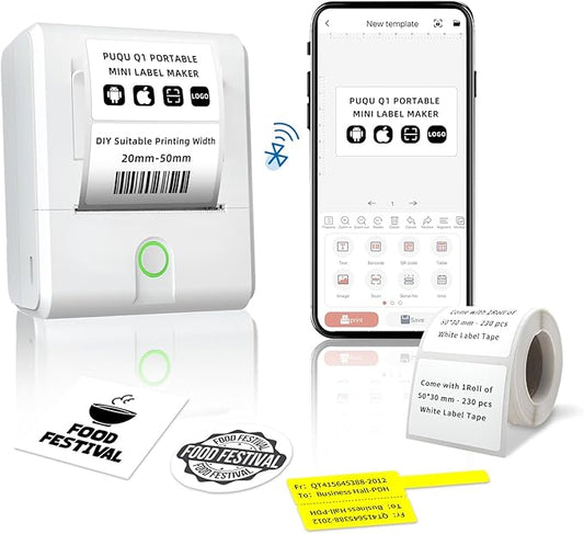 PUQU Q1 Label Maker Machine with 40x30mm Tape, All Free APP with 1000 Icons and 200 Templates, 2 Inch Portable Bluetooth Label Printer for Address, Barcode, Cable, Jewelry, Organizing, Storage, White