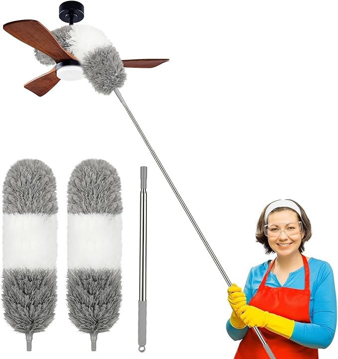 Microfiber Feather Dusters for Cleaning, Duster with 100 inch Extension Pole, Cobweb Cleaner Duster Tools with 2 Microfiber Heads, Long Aluminum Telescoping Pole for Ceiling Fan Blinds Furniture Cars
