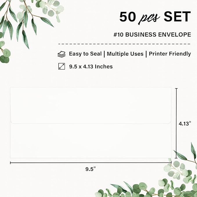 50 Pack #10 Business Envelopes, Self Seal Standard White Envelopes for Secure Business & Legal Mailing, Office, Checks, Letter, Invoices, 4 1/8 x 9 1/2 Inches