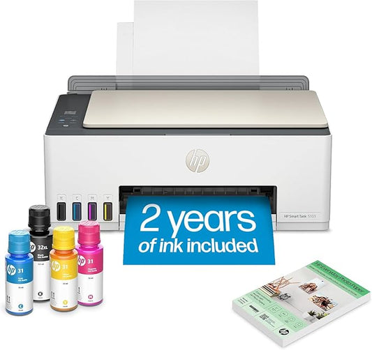 HP Smart Tank 5103 Wireless All-in-One Ink Tank Printer, Scanner, Copier with 2 Years of Ink and 100 Sheets of Photo Paper Included, Best-for-Home, Refillable, AI-Enabled (5D1B2A)