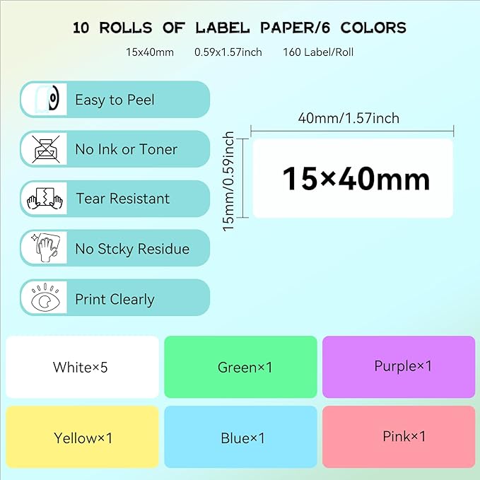 eebbl Label Maker Tape Refill 15mm 0.47 Standard Laminated Thermal Label Tape Replacement 0.59"×1.57"(15×40mm), 1650 Labels/10Rolls/Pack, High Definition Labeling Tape for Home Office School Hotel