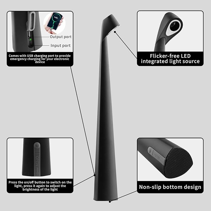 Portable Cordless LED Desk Lamp,Rechargeable Wireless Table Lamp, 3-Level Brightness, Patio Table Lamp, Bedside Night Light, Dining Room Ambient Light, Reading Light (Black)