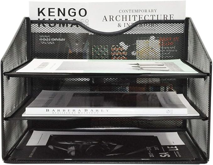 EASEPRES Mesh Desktop File Organizer, Document Mail Desk Folder Holder with 3 Paper Letter Tray and 1 Vertical Upright Compartment for Office Supplies, Desk Accessories & Workspace, Black