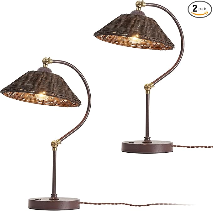 2 Pack Woven Rattan Bedside Table Lamp for Bedroom,Boho Plug in Handmade Rattan Shade&Anti-Rust Iron Base Desk Lamp,Plug & Play Vintage Dark Brown Nightstand Lamp for Living Room,Office【Bulb Included】