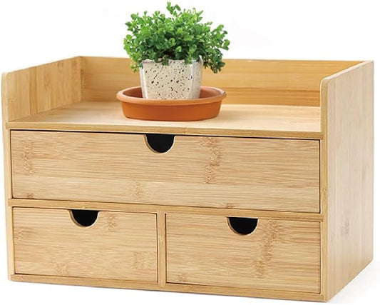3 Drawer Bamboo Desk Organizer with Shelf – Makeup Storage & Tabletop Organizer for Home Office, Workspace, or Bathroom – No Assembly Required