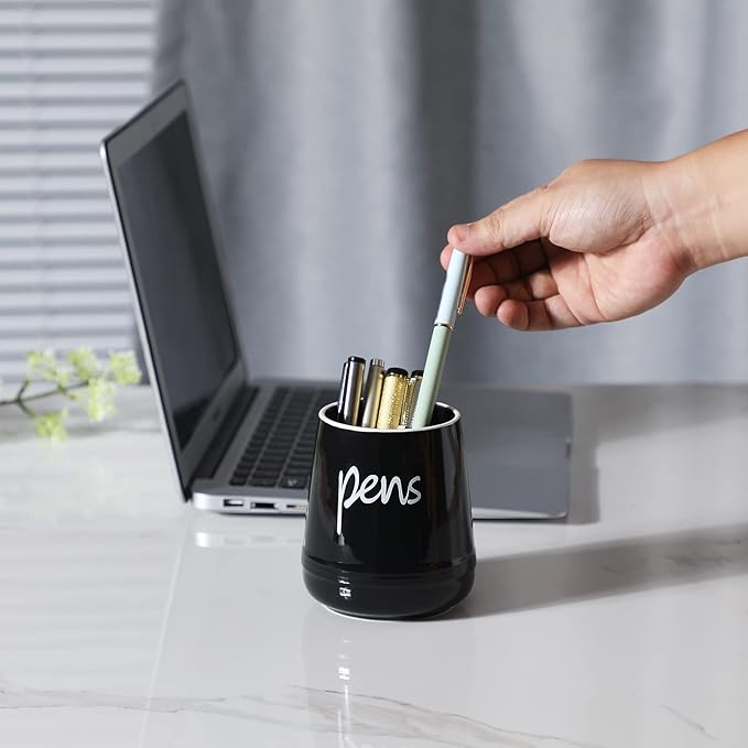 LEEOTYI Ceramic Farmhouse Pen Holder for Desk, Pencil Organizer 16 oz (Black)