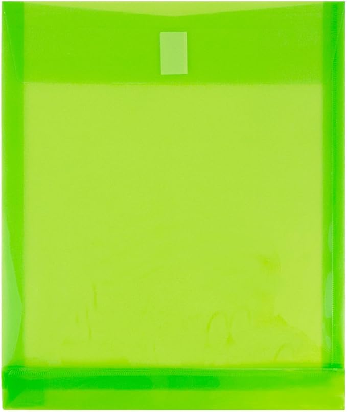 JAM PAPER Plastic Expansion Envelopes with Hook & Loop Closure - Letter Open End - 9 3/4 x 11 3/4 with 1 Inch Expansion - Lime Green - 12/Pack