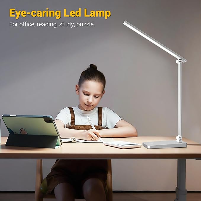LED Desk Lamp for Home Office, 3 Levels Dimmable Desk Light with USB Charging Port, Small Study Lamp, Reading Light for Table, Silver, 5000K